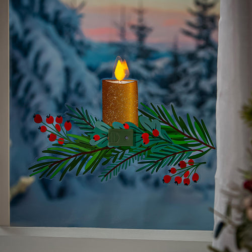 Holiday Poinsettia LED Hanging Décor Candle with Greenery Flickering Light Window Decal, 12.5