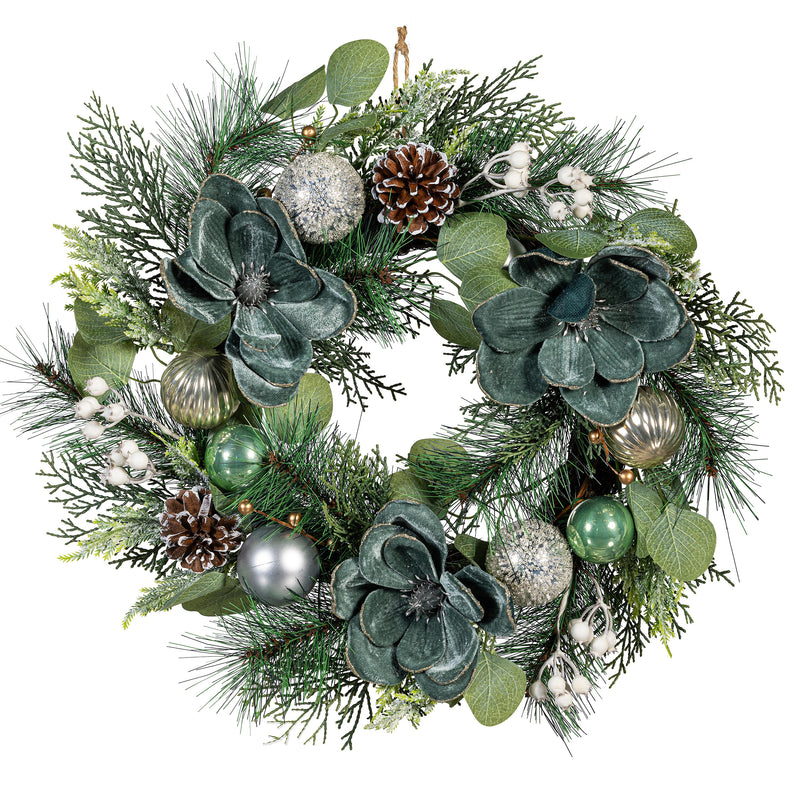 Shades of Green Wreath Artificial with Ornaments, 20"H