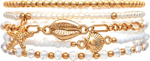 Gold White Faux Pearl Beach Charms Bracelet Set