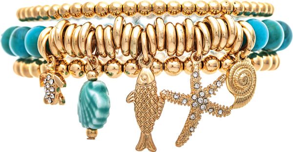 Gold Blue Ceramic Shell Sea Charms Bracelet Set
