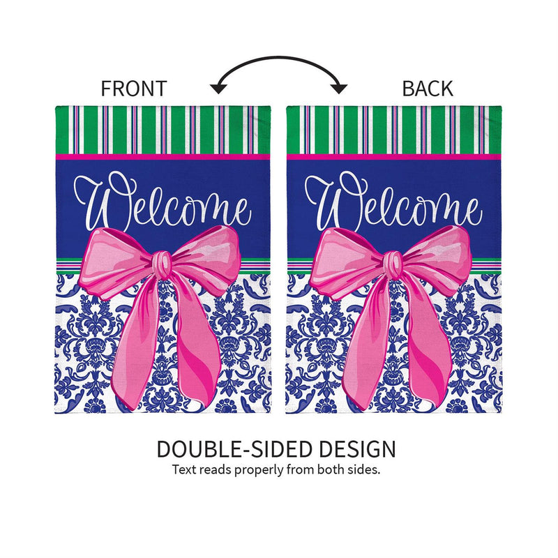 Welcome Bow Chinoiserie Burlap Garden Flag