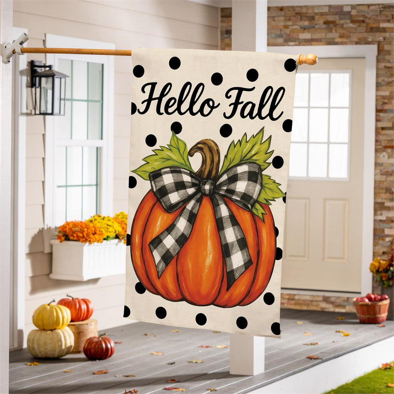 Checkered Bow Pumpkin Burlap House Flag