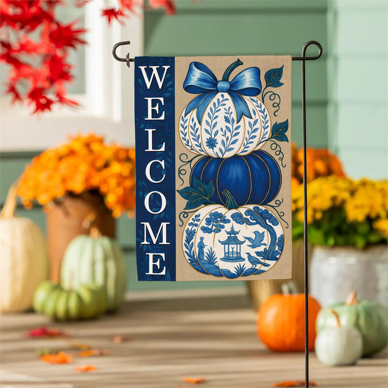 Chinoiserie Welcome Pumpkin Burlap Garden Flag