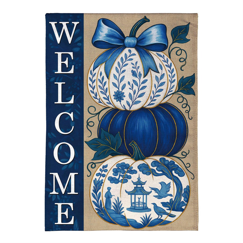 Chinoiserie Welcome Pumpkin Burlap Garden Flag