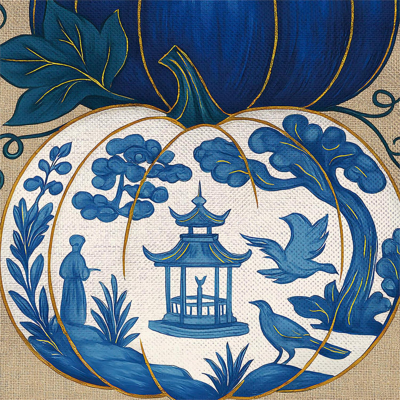 Chinoiserie Welcome Pumpkin Burlap Garden Flag