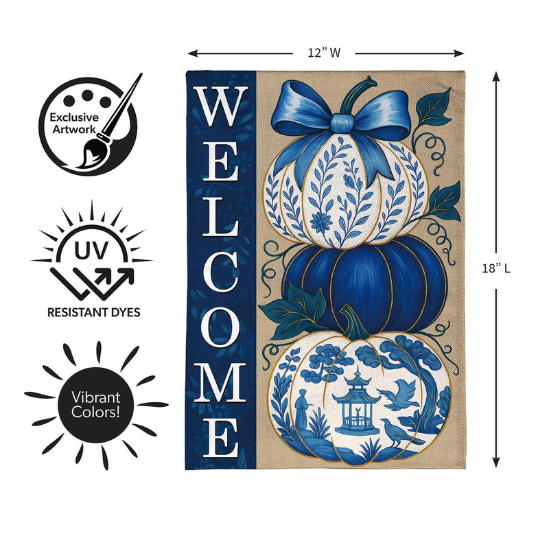 Chinoiserie Welcome Pumpkin Burlap Garden Flag