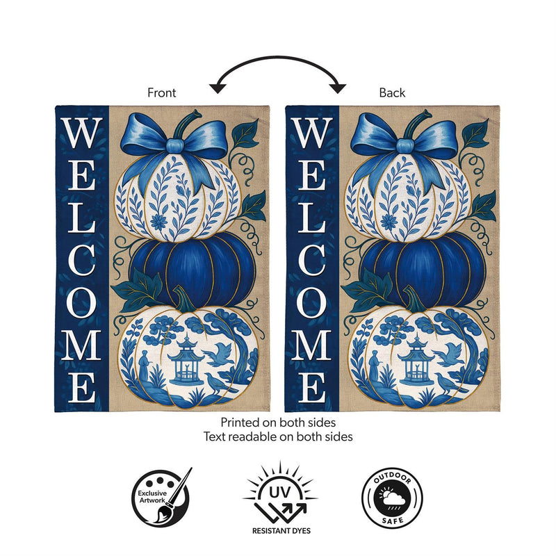 Chinoiserie Welcome Pumpkin Burlap Garden Flag