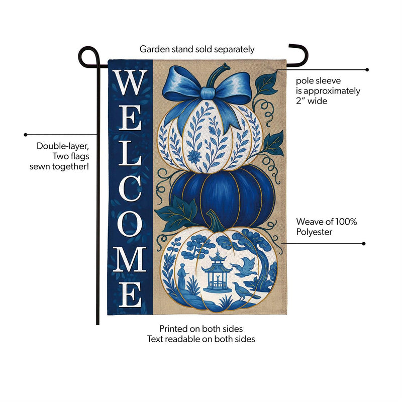 Chinoiserie Welcome Pumpkin Burlap Garden Flag