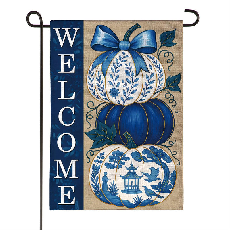 Chinoiserie Welcome Pumpkin Burlap Garden Flag