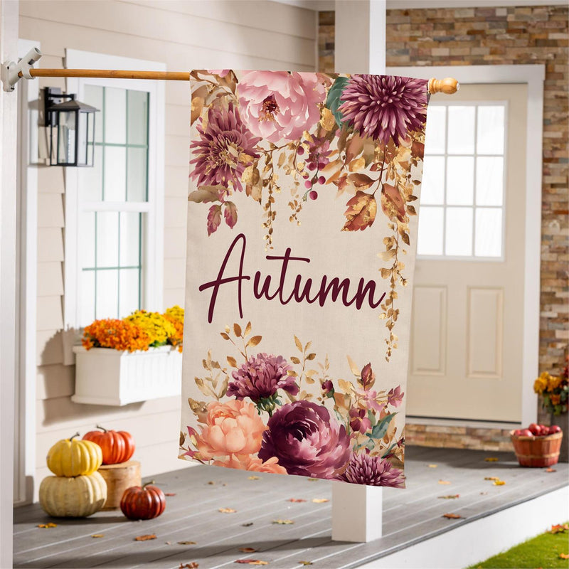Autumn Florals Burlap House Flag