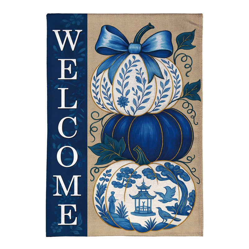 Chinoiserie Welcome Pumpkin Burlap House Flag