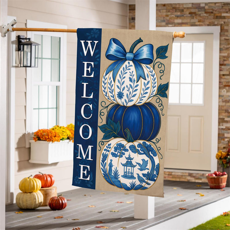 Chinoiserie Welcome Pumpkin Burlap House Flag
