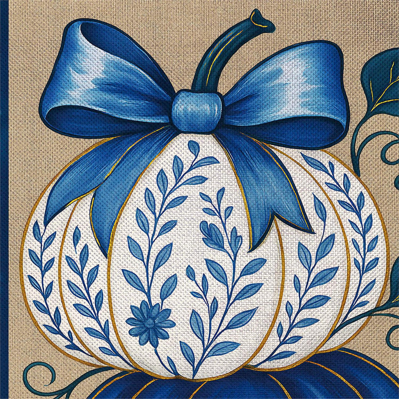 Chinoiserie Welcome Pumpkin Burlap House Flag