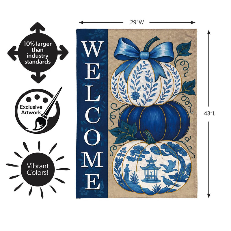 Chinoiserie Welcome Pumpkin Burlap House Flag