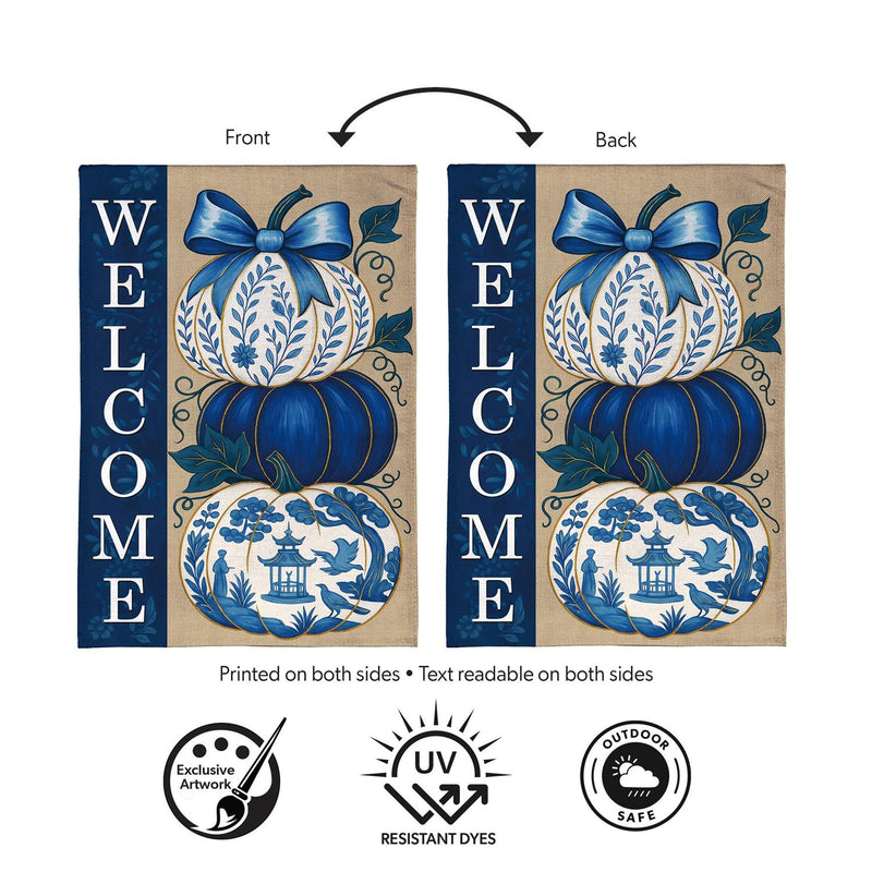 Chinoiserie Welcome Pumpkin Burlap House Flag