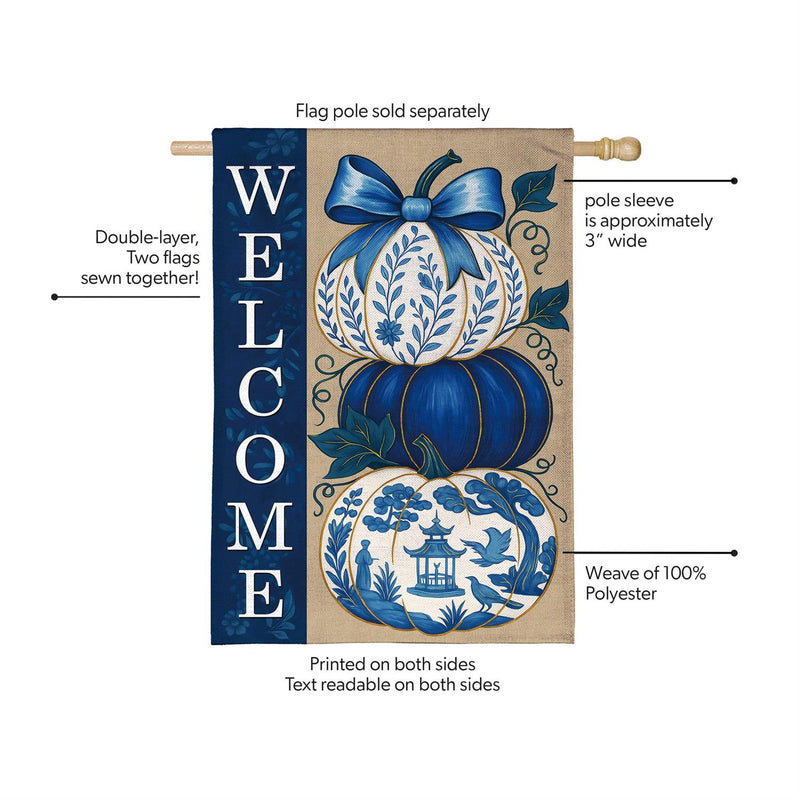 Chinoiserie Welcome Pumpkin Burlap House Flag