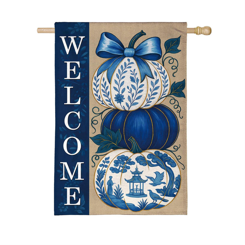 Chinoiserie Welcome Pumpkin Burlap House Flag