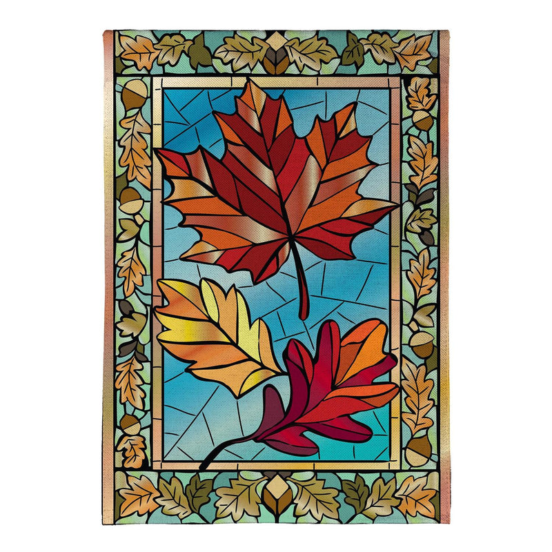 Autumn Leaves Stained Glass Burlap House Flag