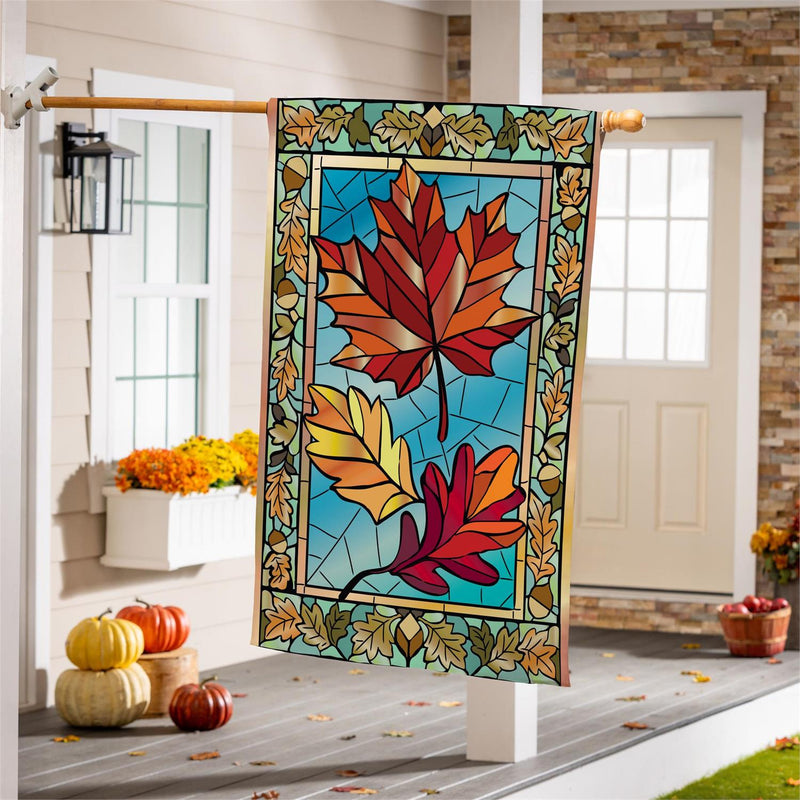 Autumn Leaves Stained Glass Burlap House Flag