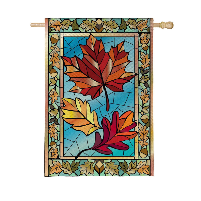 Autumn Leaves Stained Glass Burlap House Flag