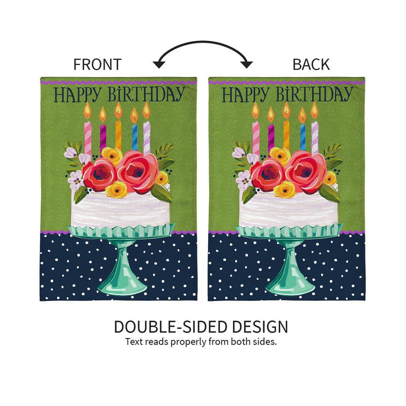 Floral Happy Birthday Cake Burlap Garden Flag