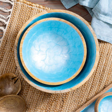 Blue Coastal Bowl Wood with Scalloped Enamel, Set of 2
