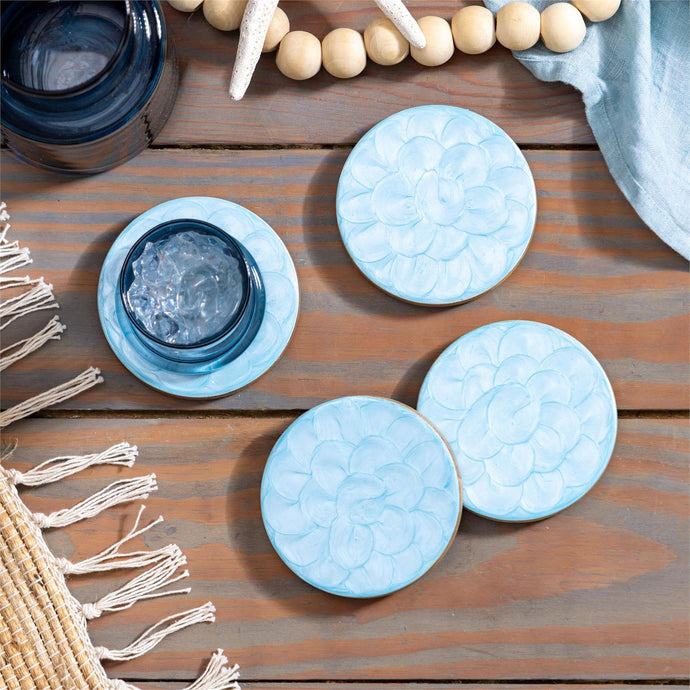 Blue Coastal Coasters Wood with Scalloped Enamel Round, Set of 4