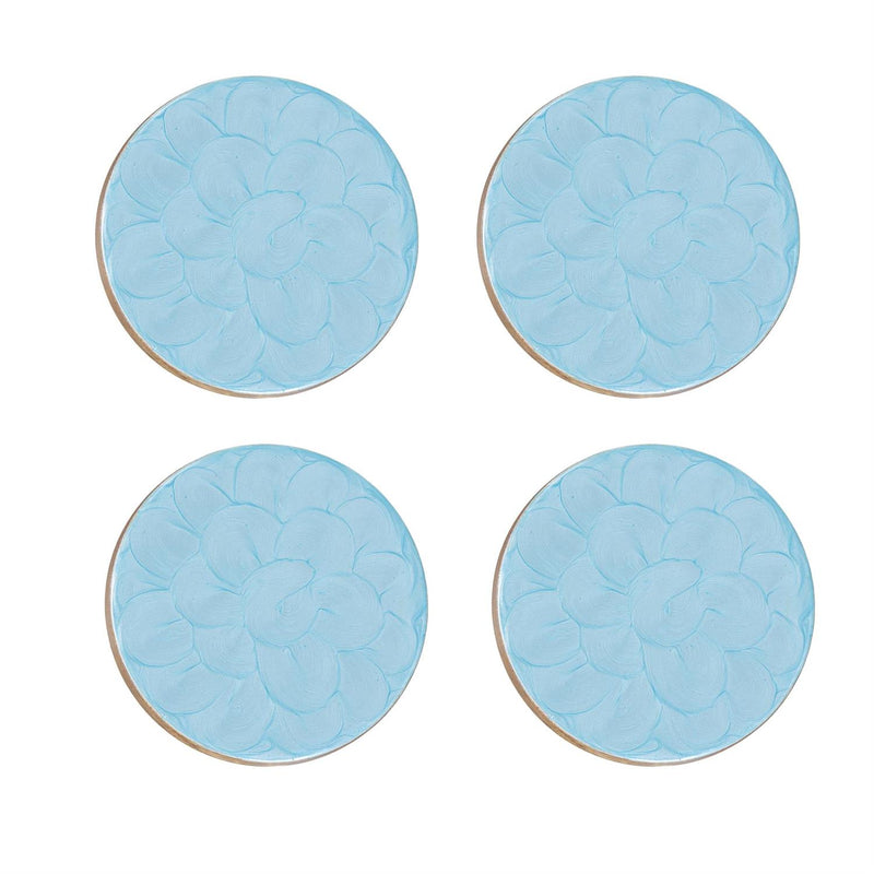 Blue Coastal Coasters Wood with Scalloped Enamel Round, Set of 4