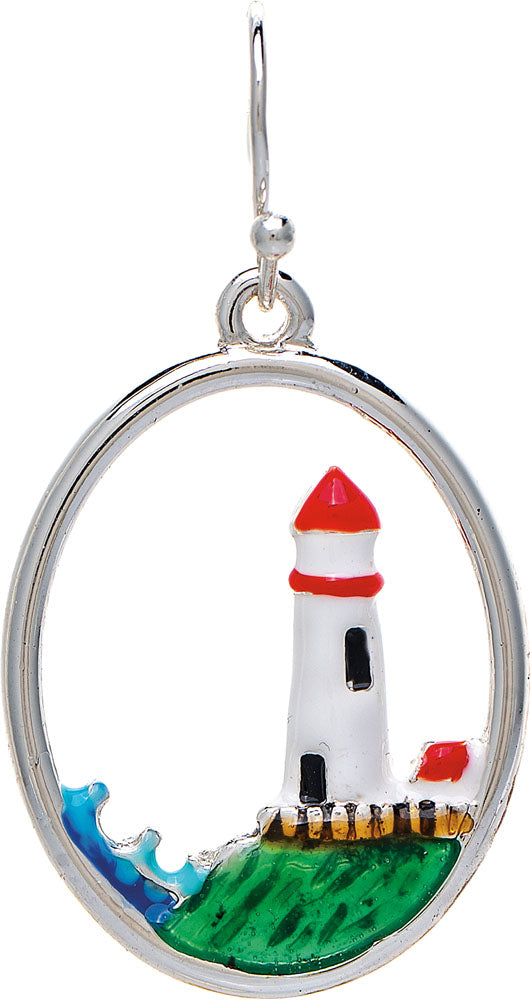 Silver Oval Lighthouse Scene Earring