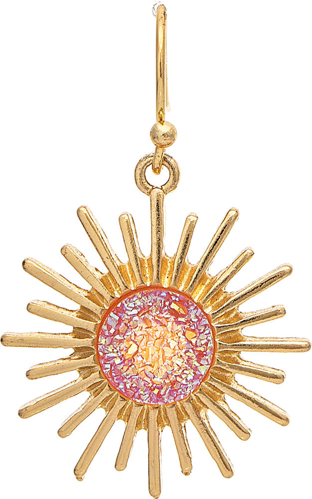 Gold Orange Druzy Center Sunburst Earring