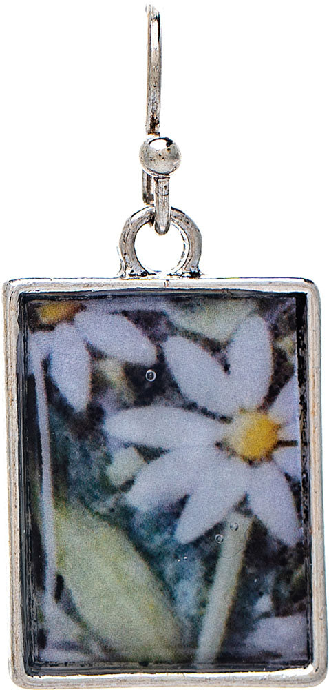 Silver White Green Daisy Flower Image Earring