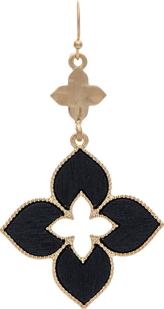 Gold Black Wood Inlay Quatrefoil Earring