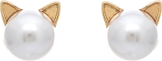 Gold Faux Pearl Cat Ears Post Earring