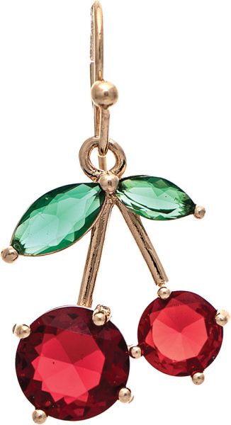 Gold Red Faceted Crystal Cherries Green Marquis Leaf Earrings