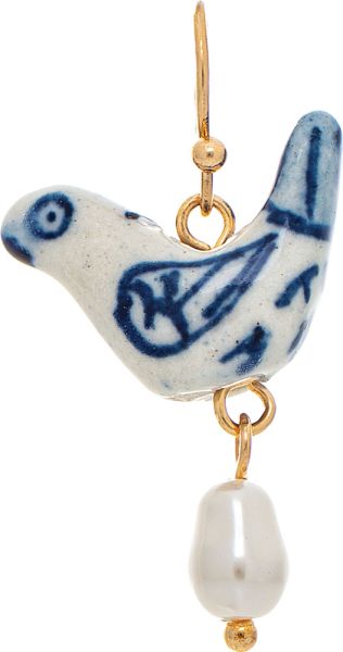 Gold White Blue Ceramic Printed Folk Blue Bird Bead Chicken Earring