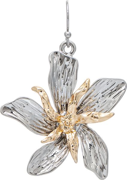 Silver Tropical Flower Gold Petals Textured Earring