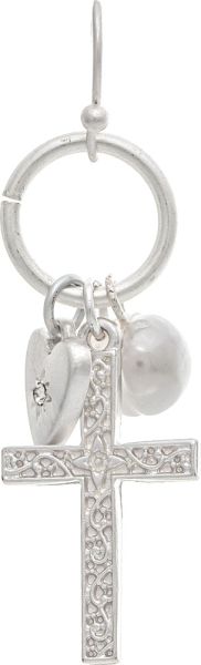 Silver Cross Heart Faux Pearl Charm Earring