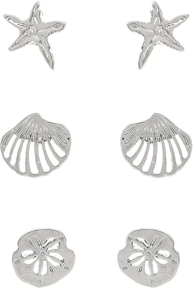 Silver 3 Piece Starfish & Shells Post Earring Set