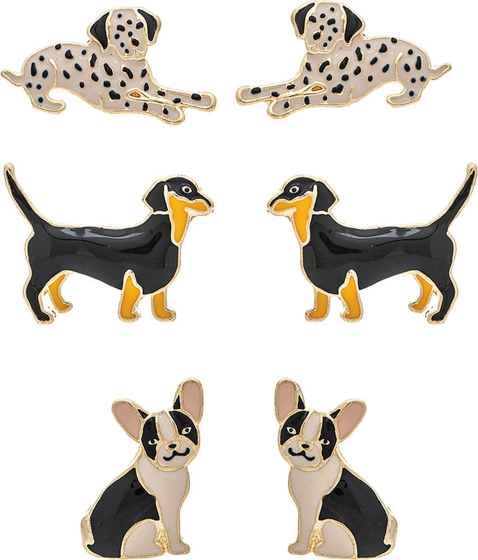 Gold Dalmatian Frenchie Dachshund 3 Piece Earring Set