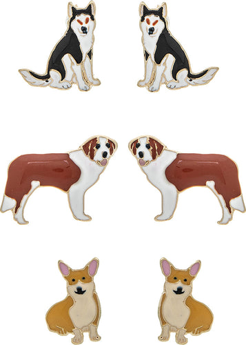 Gold Husky Corgi Saint Bernard 3 Piece Earring Set