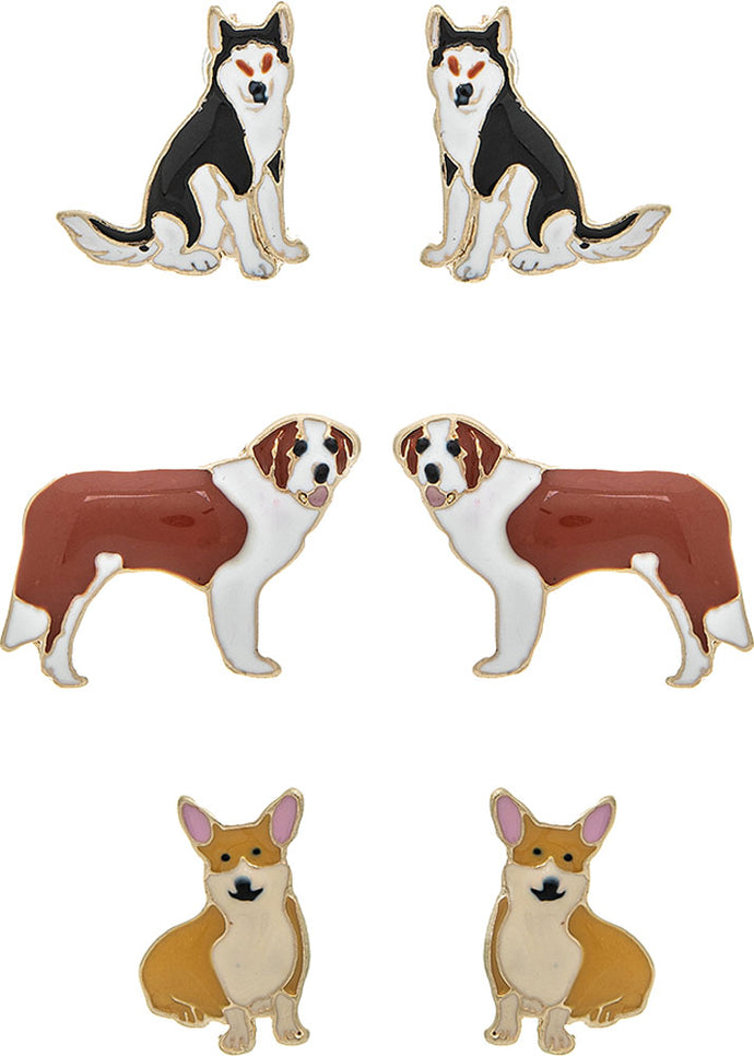 Gold Husky Corgi Saint Bernard 3 Piece Earring Set