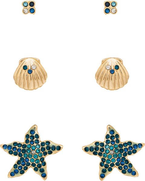 Gold Teal Quad Crystal Gold Clam Shell Teal Crystal Back Starfish Post Earring Trio