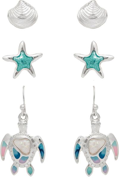 Silver Shell Blue Starfish Pastel Turtle Post Earring Trio