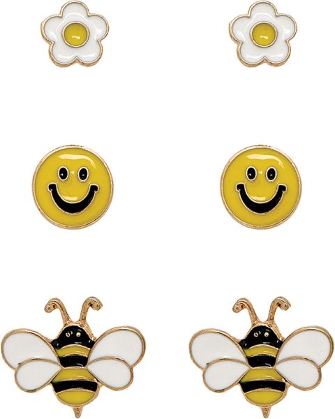 Gold Yellow Daisy Happy Face Bee Enamel Post Earring Trio