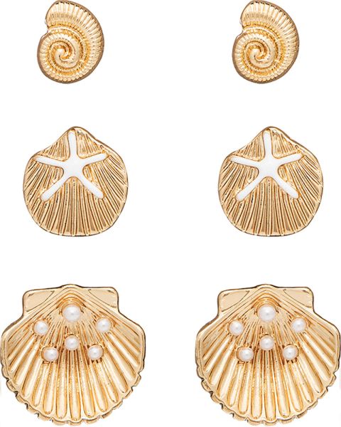 Gold Nautilus Sand dollar Clam Shell Pearl Dots Post Earring Trio