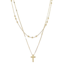 18K Gold Plated 2 Layer Flat Handmade & Ball Chain Necklace with Gold Cross
