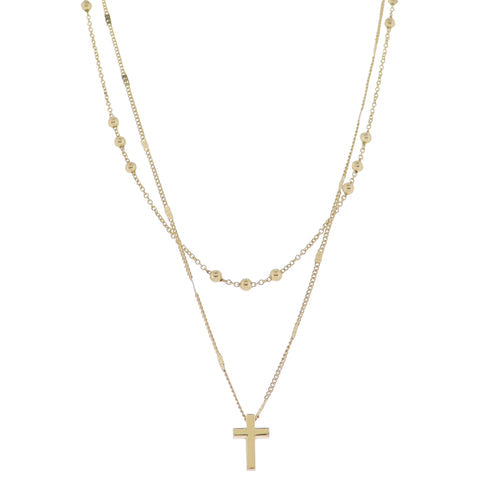 18K Gold Plated 2 Layer Flat Handmade & Ball Chain Necklace with Gold Cross