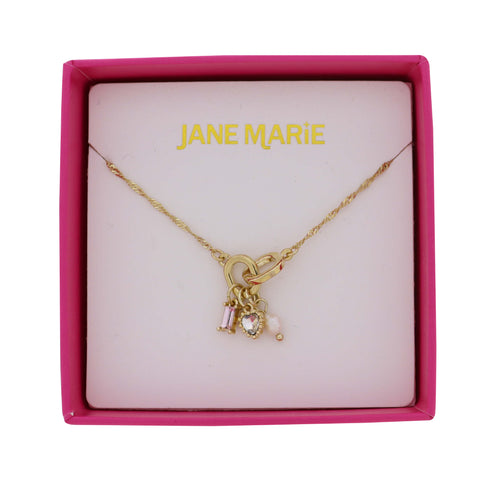 Gold Figaro Chain Necklace with Pink & Black Diamond Crystal, Heart, Pearl