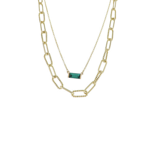 Gold 2 Layer Oval Link, Rolo Chain Necklace with Emerald Crystal Rectangle