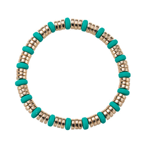 Green, Gold Rondelle, Rubber Beaded Stretch Bracelet